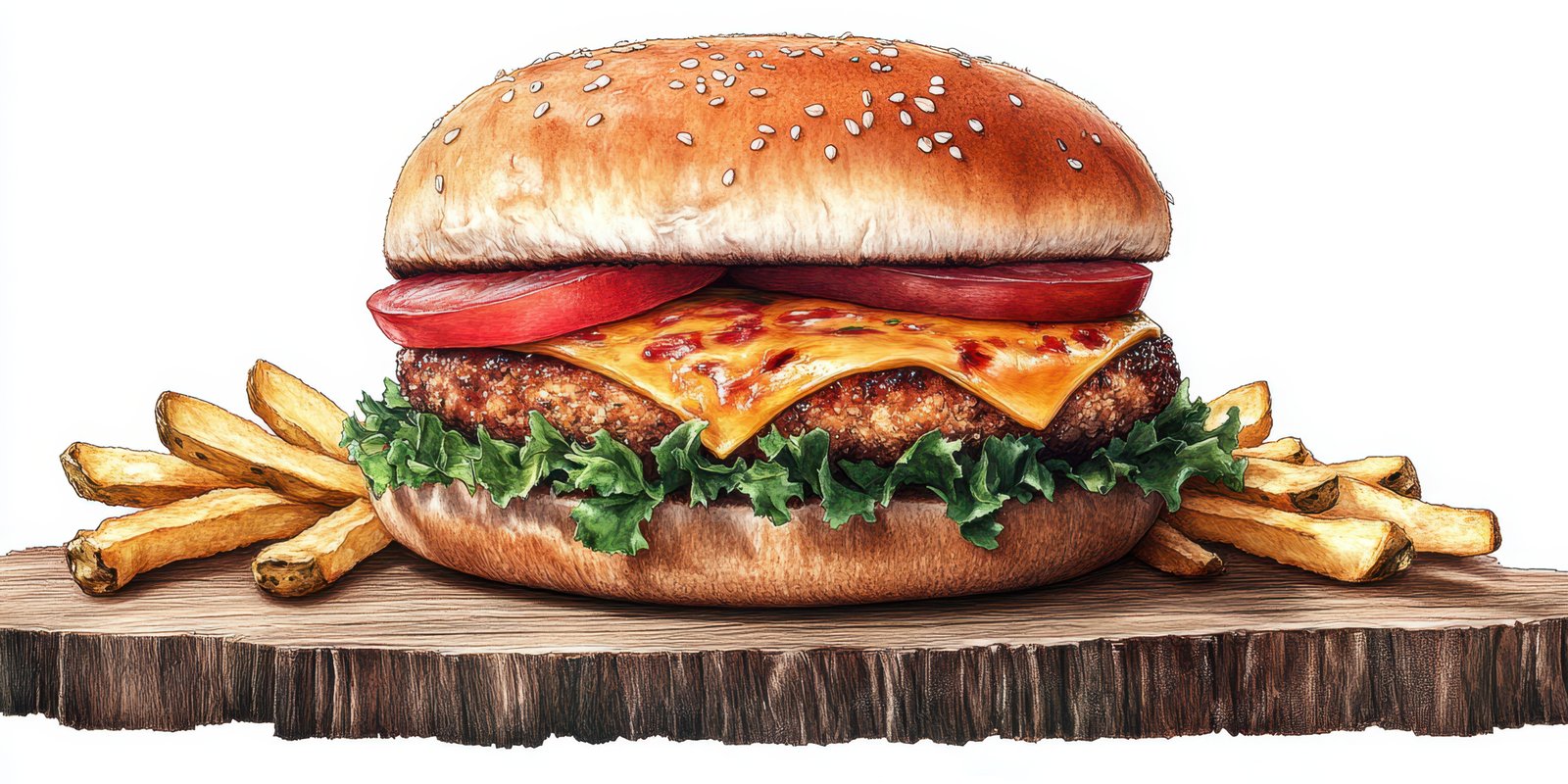 Delicious cheeseburger served with golden fries on a rustic wooden platter